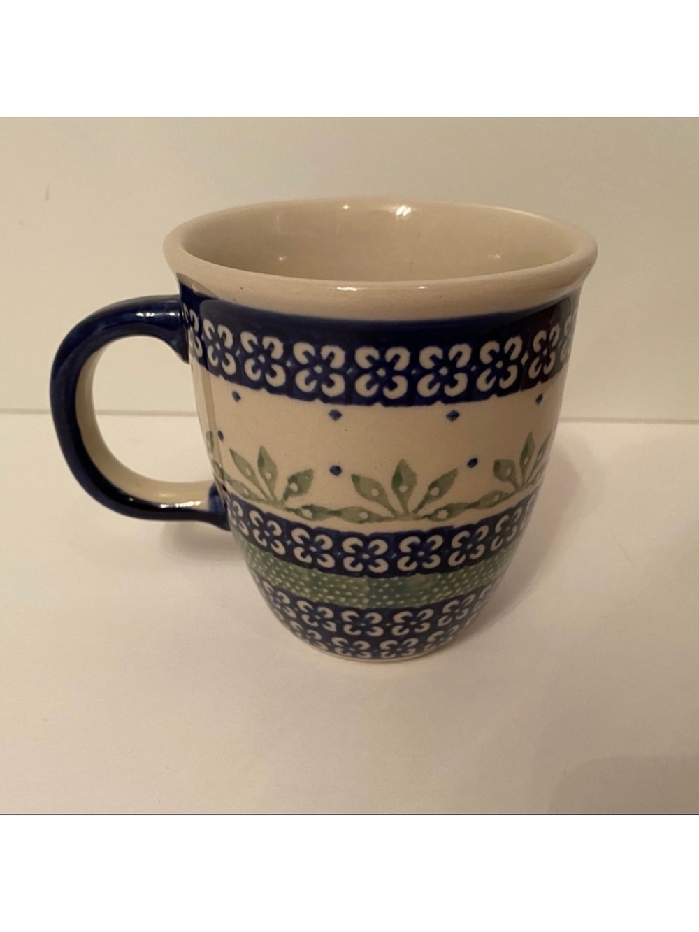 POLISH POTTERY MUG CUP BLUE WHITE GREEN FLORAL HANDMADE HOME DINING 10 oz.